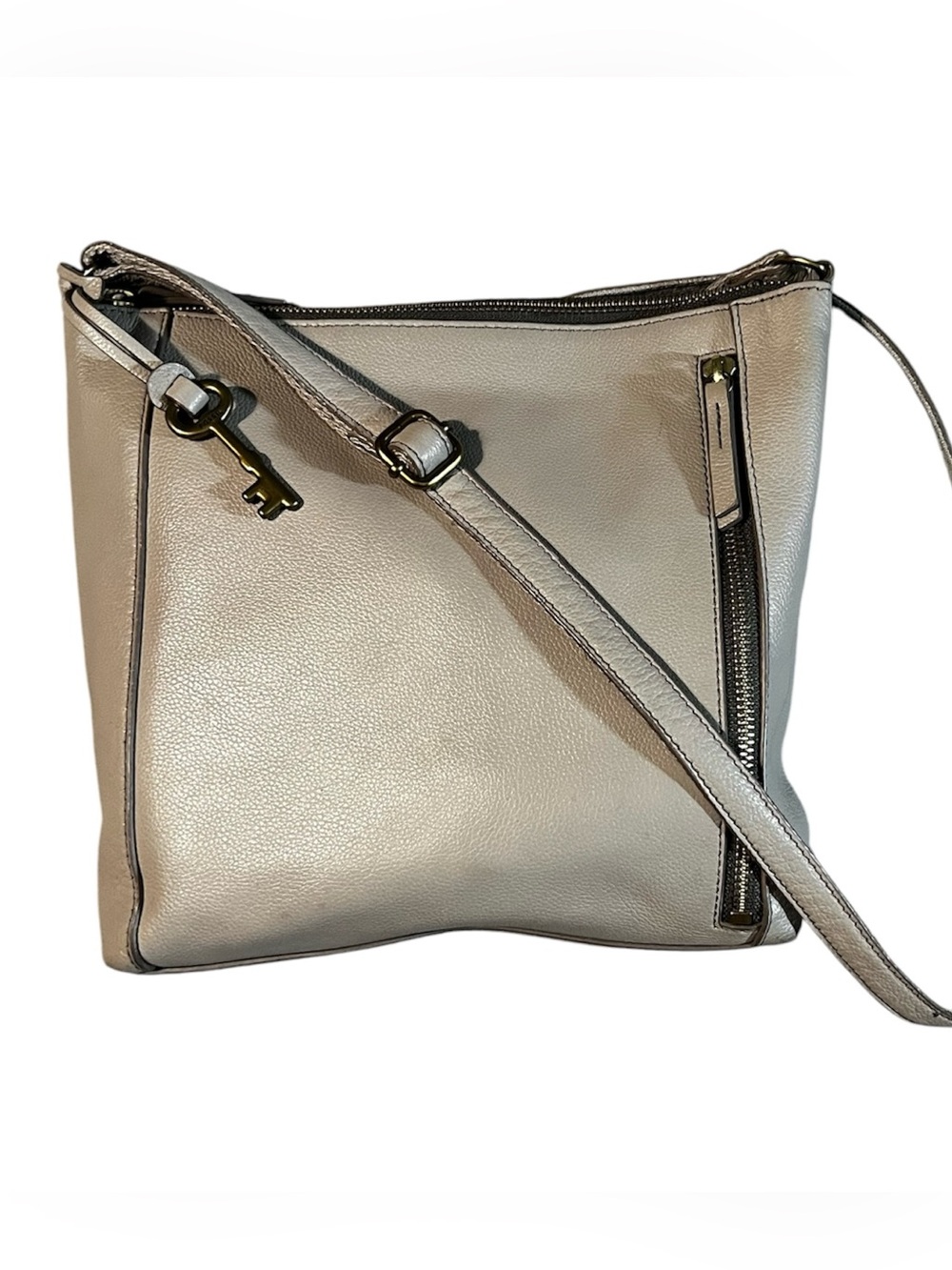 Fossil Taupe Leather Crossbody with Key Charm